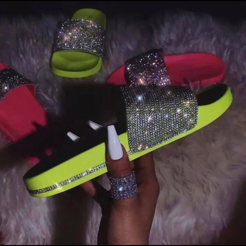Blinged out green and pink neon sandals